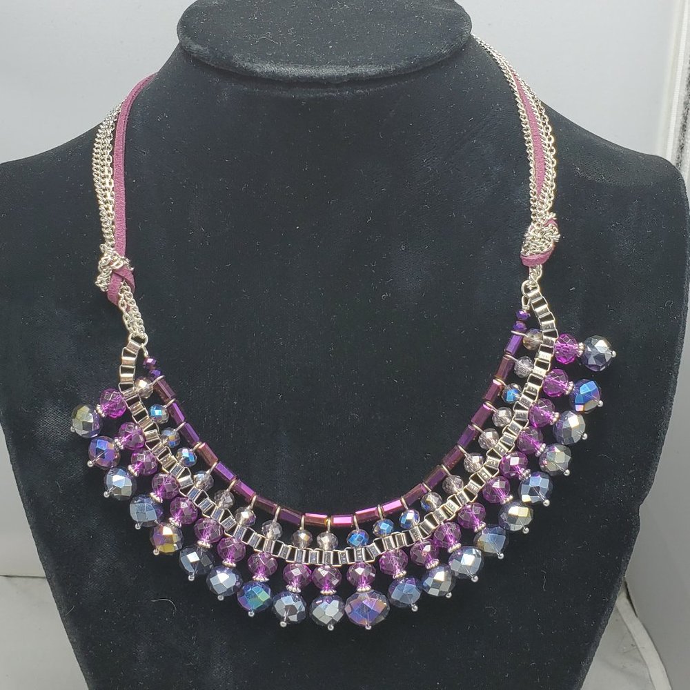 Ali khan amethyst glass bead bib necklace with chain suede back & gift box